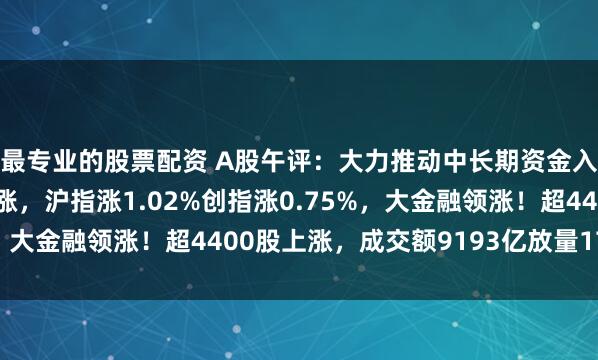 最专业的股票配资 A股午评：大力推动中长期资金入市，三大指数集体上涨，沪指涨1.02%创指涨0.75%，大金融领涨！超4400股上涨，成交额9193亿放量1779亿